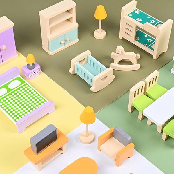 Set 30 pezzi mobili in legno per casa delle bambole, accessori realistici e colorati