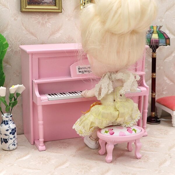 Modello Pianoforte in Miniatura 1:12 con Sedia per Case delle Bambole in Legno