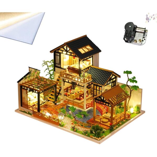 Kit casa delle bambole in legno 3D fai da te rustico con luci LED, musica e copertura