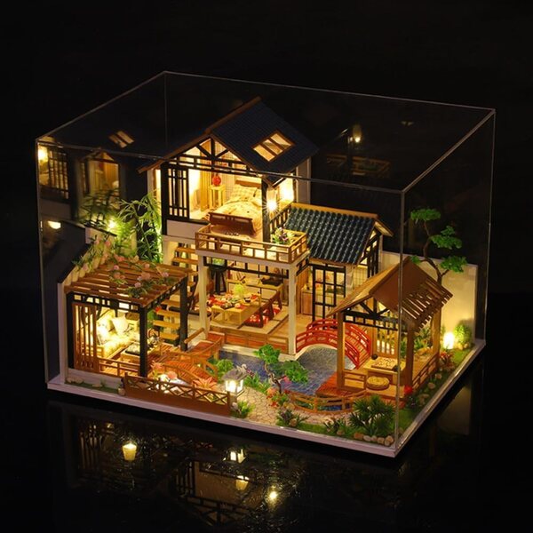 Kit casa delle bambole in legno 3D fai da te rustico con luci LED, musica e copertura