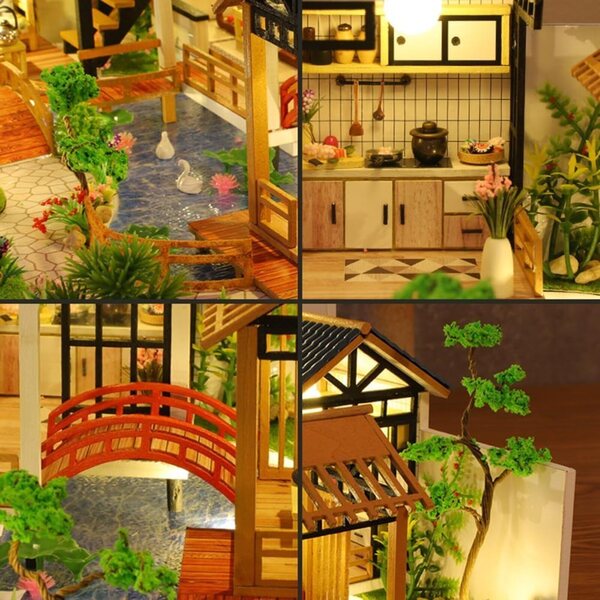Kit casa delle bambole in legno 3D fai da te rustico con luci LED, musica e copertura