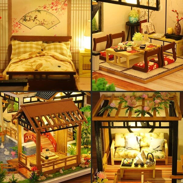 Kit casa delle bambole in legno 3D fai da te rustico con luci LED, musica e copertura