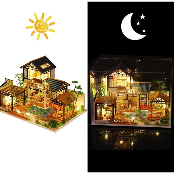 Kit casa delle bambole in legno 3D fai da te rustico con luci LED, musica e copertura