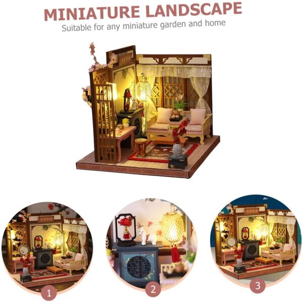 DIY-Miniaturhaus-Bausatz mit LED-Leuchten, Dekoration und Tischmöbeln