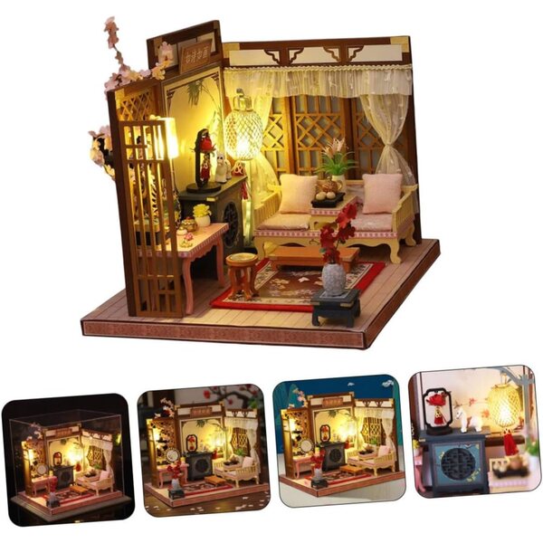 DIY-Miniaturhaus-Bausatz mit LED-Leuchten, Dekoration und Tischmöbeln