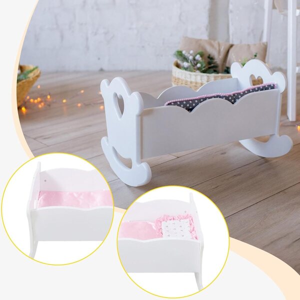 Culla in Legno Bianco per Bambole 18 Pollici con Design a Dondolo e Set Completo