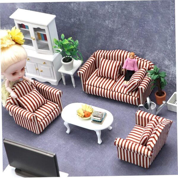 3-teiliges Miniatur-Sofa-Set im Maßstab 1:12 für Puppenhaus mit Kissen