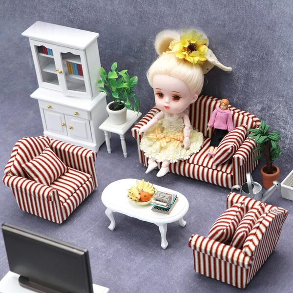 3-teiliges Miniatur-Sofa-Set im Maßstab 1:12 für Puppenhaus mit Kissen
