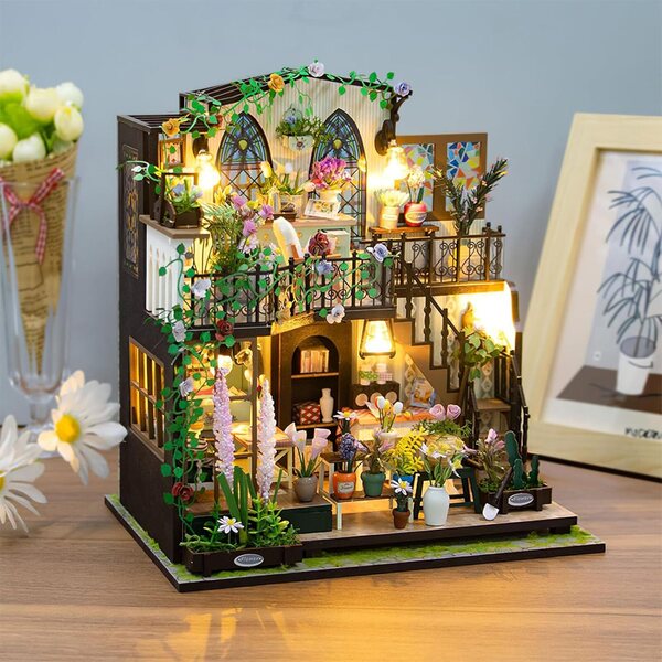 Darcy Flower House Miniaturhaus-Set mit Lichtern und wertvollen Details für Erwachsene
