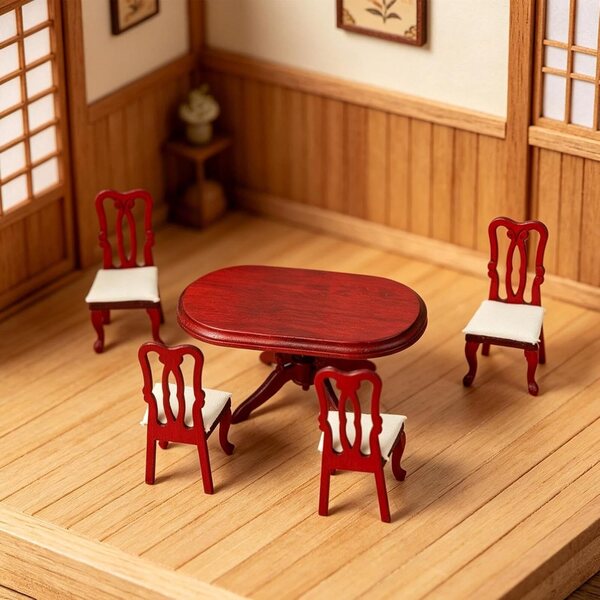 Set Mobili in Miniatura 1:12 Tavolo e 4 Sedie in Legno per Casa delle Bambole