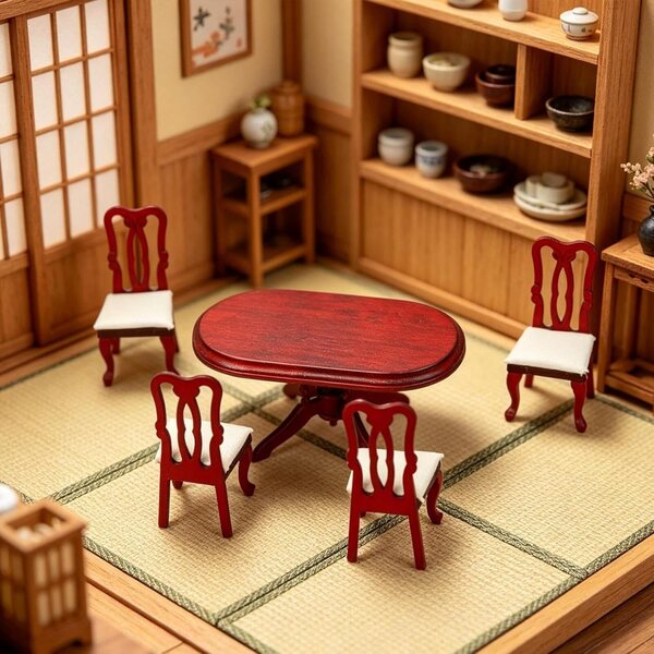 Set Mobili in Miniatura 1:12 Tavolo e 4 Sedie in Legno per Casa delle Bambole