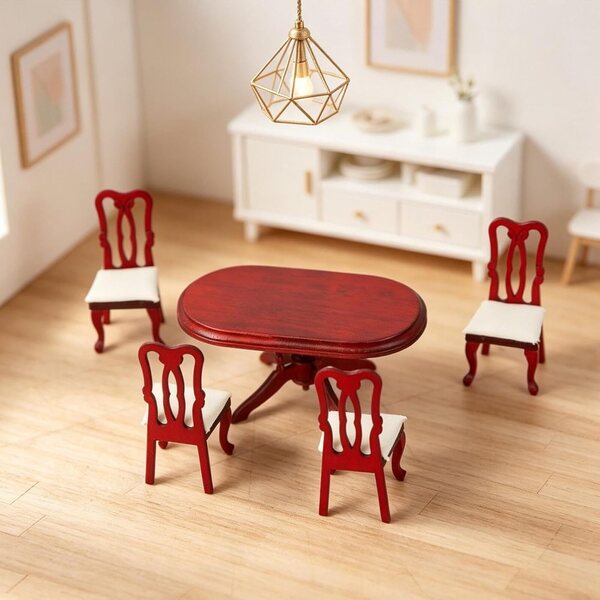 Set Mobili in Miniatura 1:12 Tavolo e 4 Sedie in Legno per Casa delle Bambole