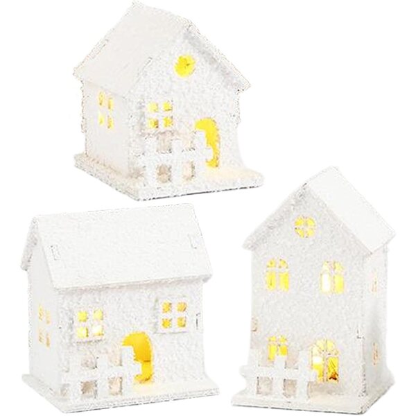 3-teilige Weihnachtsdorfhäuser aus Buchsbaum mit LED und weißer Schneedekoration