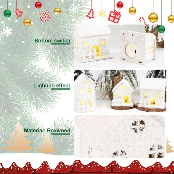 3-teilige Weihnachtsdorfhäuser aus Buchsbaum mit LED und weißer Schneedekoration