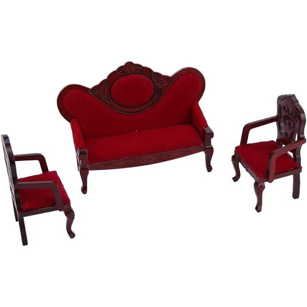 Set Divani Vintage in Legno 1:12 per Casa delle Bambole, Design Rosso Realistico