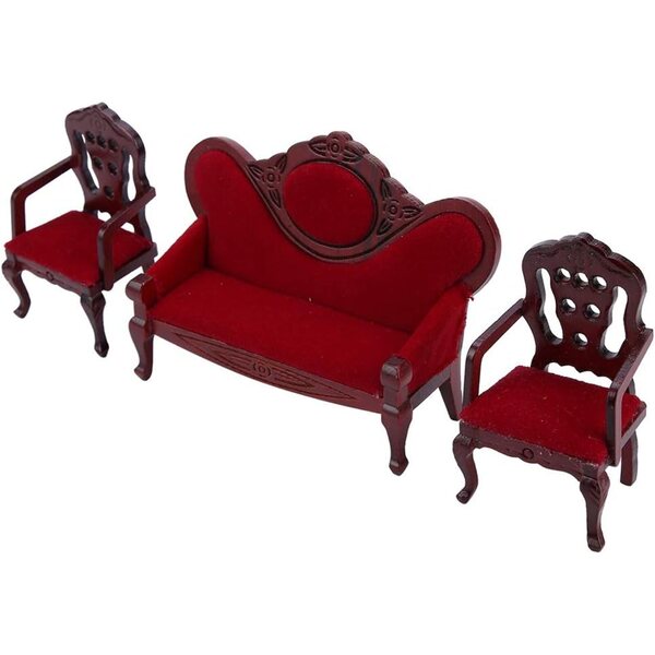 Set Divani Vintage in Legno 1:12 per Casa delle Bambole, Design Rosso Realistico