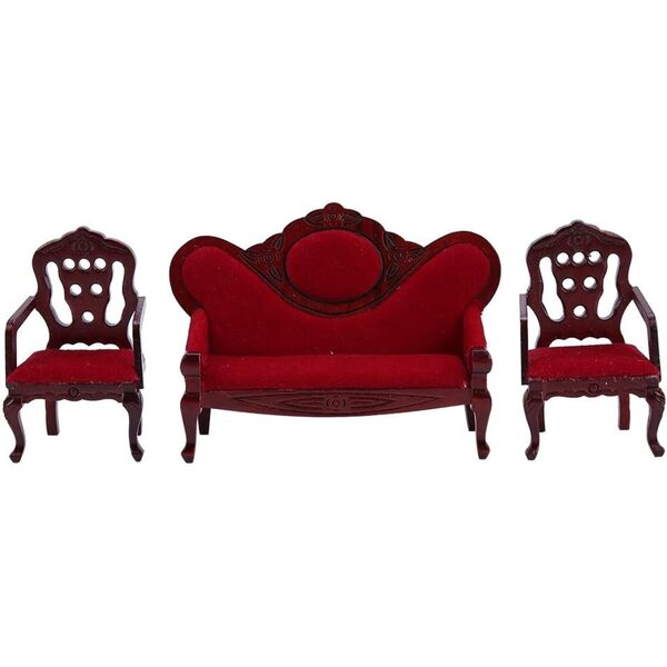 Set Divani Vintage in Legno 1:12 per Casa delle Bambole, Design Rosso Realistico