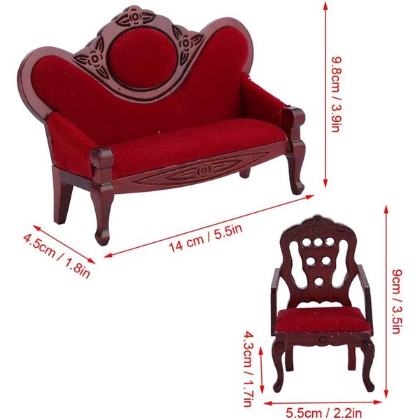 Set Divani Vintage in Legno 1:12 per Casa delle Bambole, Design Rosso Realistico