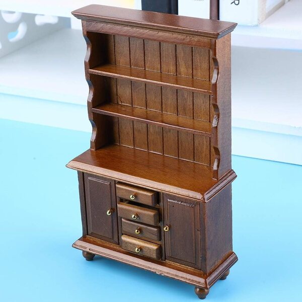 1:12 Miniatur-Bücherregal aus Holz für Puppenhaus in Vintage-Walnuss