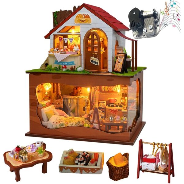 DIY-Miniatur-Puppenhaus-Bausatz mit Lichtern und Musik, mehrstöckiges Modell TOPBSFARNY