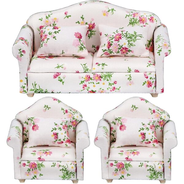 Set mit 3 Sofas für Puppenhäuser im Maßstab 1:12 mit Blumenmuster aus Holz und Stoff