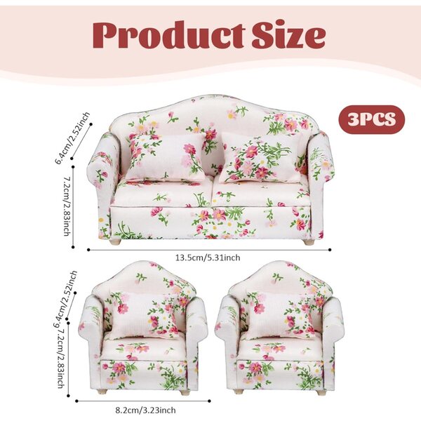 Set mit 3 Sofas für Puppenhäuser im Maßstab 1:12 mit Blumenmuster aus Holz und Stoff