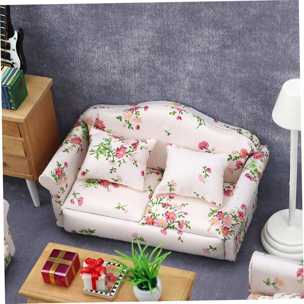 Set mit 3 Sofas für Puppenhäuser im Maßstab 1:12 mit Blumenmuster aus Holz und Stoff