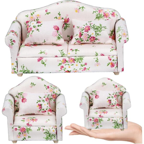 Set mit 3 Sofas für Puppenhäuser im Maßstab 1:12 mit Blumenmuster aus Holz und Stoff