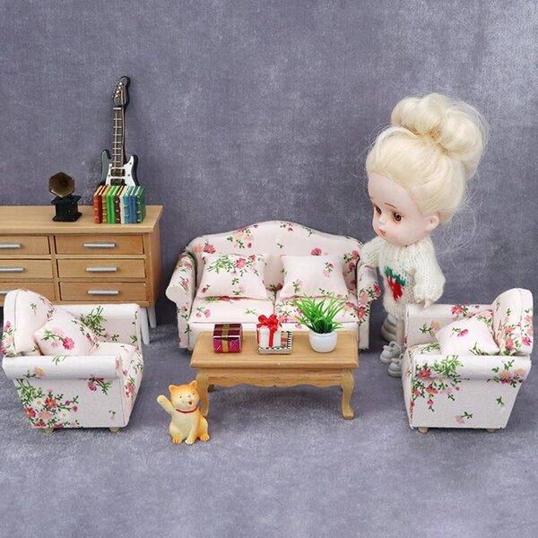 Set mit 3 Sofas für Puppenhäuser im Maßstab 1:12 mit Blumenmuster aus Holz und Stoff