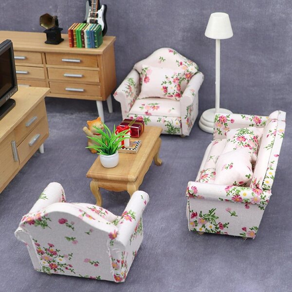 Set mit 3 Sofas für Puppenhäuser im Maßstab 1:12 mit Blumenmuster aus Holz und Stoff