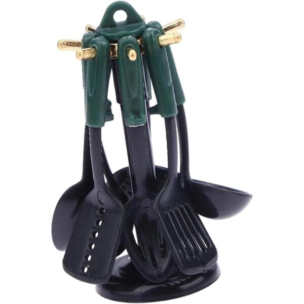 Set 7 pezzi utensili cucina miniatura Oshhni per casa delle bambole, verde nero