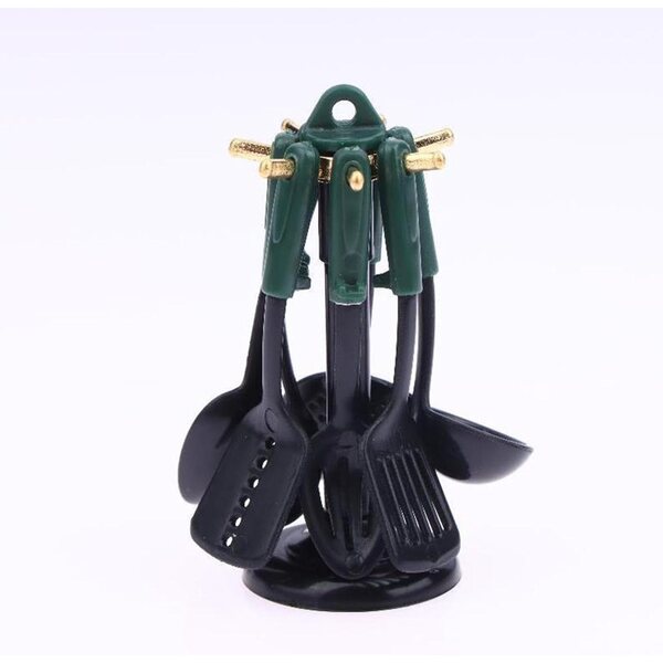 Set 7 pezzi utensili cucina miniatura Oshhni per casa delle bambole, verde nero