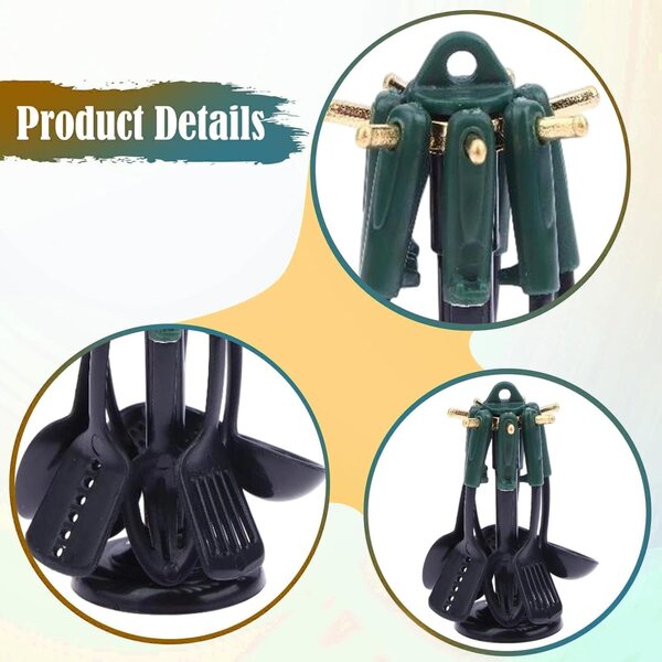 Set 7 pezzi utensili cucina miniatura Oshhni per casa delle bambole, verde nero