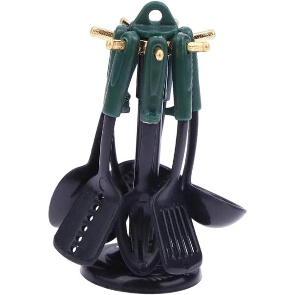 Set 7 pezzi utensili cucina miniatura Oshhni per casa delle bambole, verde nero