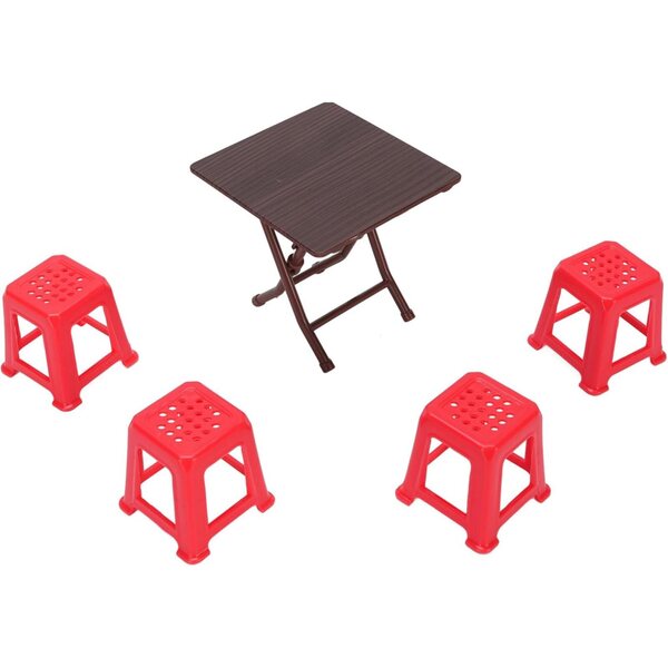 Bewinner Set Mobili Miniatura Casa delle Bambole Tavolo Pieghevole e 4 Sgabelli Rossi