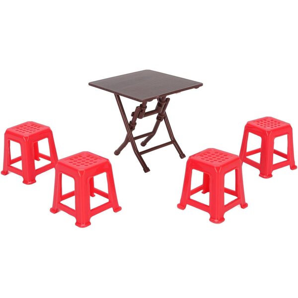 Bewinner Set Mobili Miniatura Casa delle Bambole Tavolo Pieghevole e 4 Sgabelli Rossi
