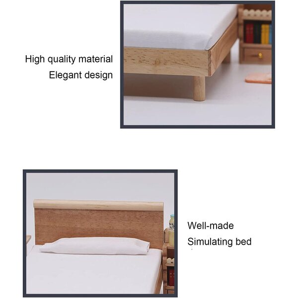 Letto Matrimoniale in Miniatura 1:12 in Rovere con Materasso, Lenzuolo e Cuscino