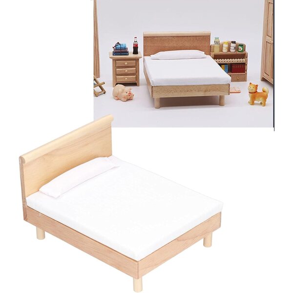 Letto Matrimoniale in Miniatura 1:12 in Rovere con Materasso, Lenzuolo e Cuscino