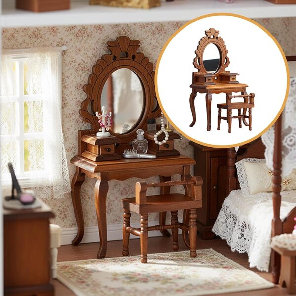 Mini Set toeletta 1:12 in legno per casa delle bambole, tavolo con sgabello