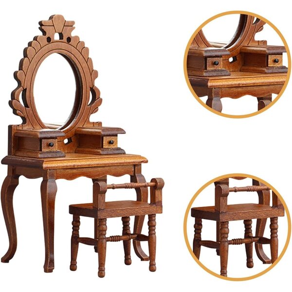 Mini Set toeletta 1:12 in legno per casa delle bambole, tavolo con sgabello