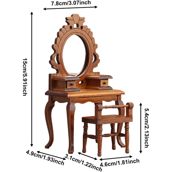 Mini Set toeletta 1:12 in legno per casa delle bambole, tavolo con sgabello