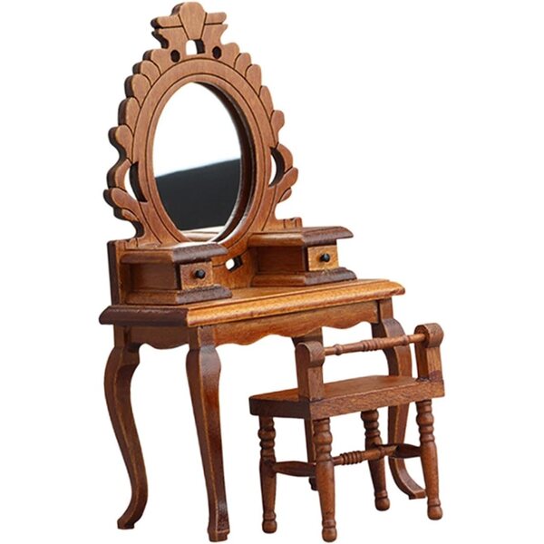 Mini Set toeletta 1:12 in legno per casa delle bambole, tavolo con sgabello