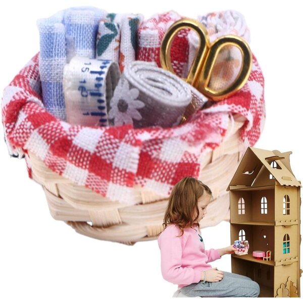 Kit Miniatura Cestino Cucito per Bambole con Accessori e Tessuti per Artigianato