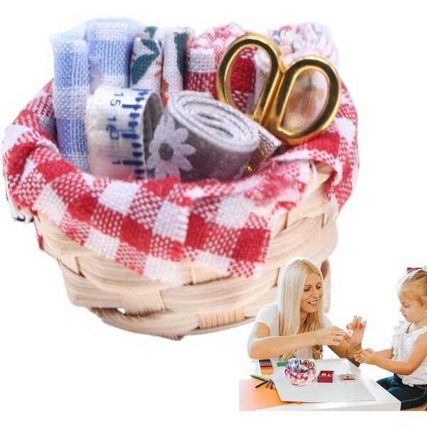 Kit Miniatura Cestino Cucito per Bambole con Accessori e Tessuti per Artigianato