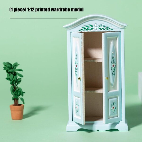 Armadio floreale in legno 1:12 per casa delle bambole, miniatura CAZSTYK blu e bianco