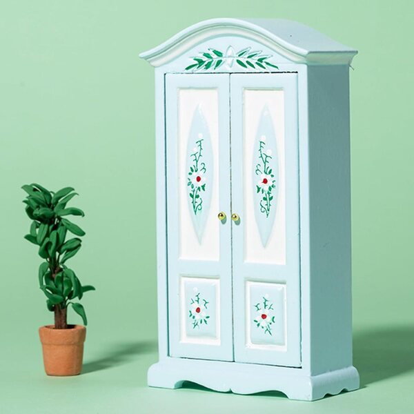 Armadio floreale in legno 1:12 per casa delle bambole, miniatura CAZSTYK blu e bianco