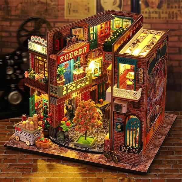 Kit casa in miniatura con LED, fai da te dettagliato per adulti, decorazione vintage