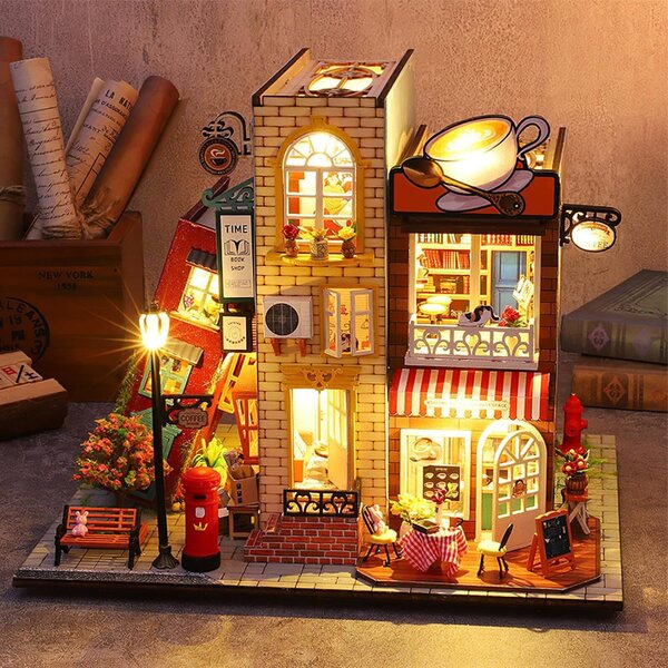 Miniatur-Hausbausatz mit LED-Leuchten, europäisches Vintage-DIY-Kunsthandwerk, originelle Dekoration