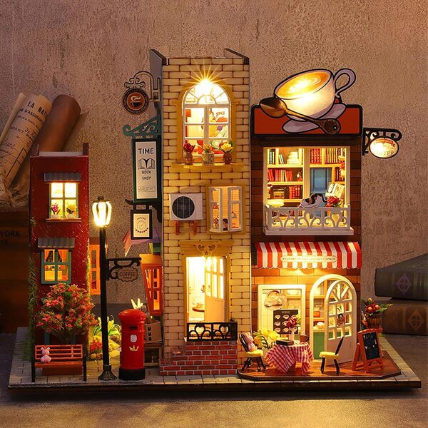 Miniatur-Hausbausatz mit LED-Leuchten, europäisches Vintage-DIY-Kunsthandwerk, originelle Dekoration