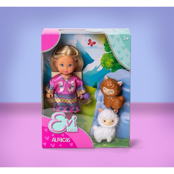 Simba Evi Love Alpacas Puppe 12 cm mit 2 Alpakas und Zubehör für Kinder ab 3 Jahren